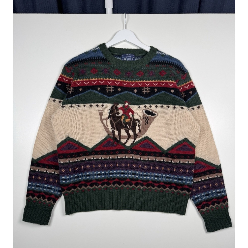 Vintage 80s Woolrich Woman Wool Sweater Horse and Horn Pattern Print Medium Tan